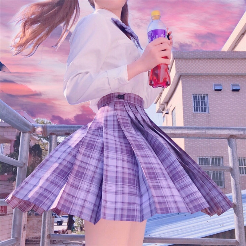 学生少女套装 2021夏冰依琳学院风日系百褶裙短裙半身裙女校服格子
