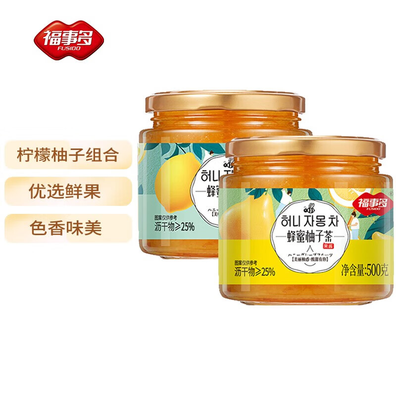 福事多蜂蜜柚子/柠檬果茶500g*4瓶（蜂蜜柚子茶2瓶+蜂蜜柚子茶2瓶）