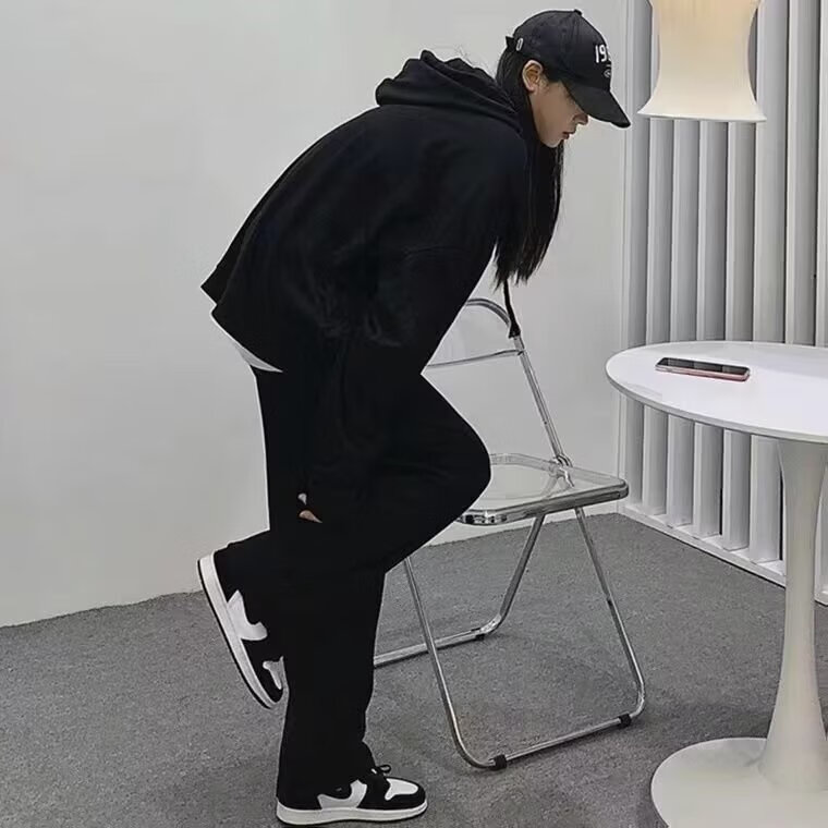 迪伽达美式高街牛仔裤男装春夏潮ins宽松阔腿长裤直筒裤黑色休闲裤子男 DFFS-636黑色 常规 抽绳款 L 【建议115-130斤】