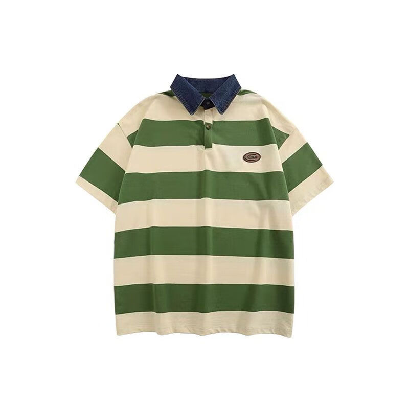 翻领短袖t2022日系复古学院风小众设计感撞色条纹polo衫短袖t 绿色 m
