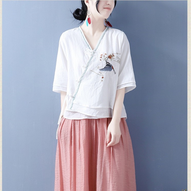 朦朧杏 民國(guó)風(fēng)女裝復(fù)古盤(pán)扣套裝中國(guó)風(fēng)民族風(fēng)中式漢服成人女刺繡v領(lǐng)棉麻 白色（套裝） L 建議105-120斤