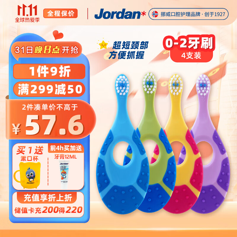 Jordan挪威进口婴幼儿童宝宝细软毛牙刷0-1-2岁(4支装)颜色随机高性价比高么？