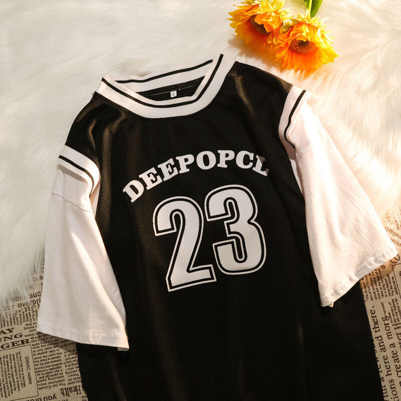 棒球衫女夏季短袖假两件篮球服t恤女2022新款潮球衣短袖女学生韩版