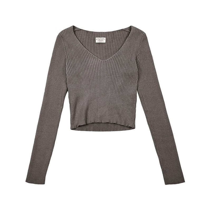 马登女装 美式复古针织纯棉内搭V领显瘦打底衫秋短款修身百搭上衣 烟灰色 M
