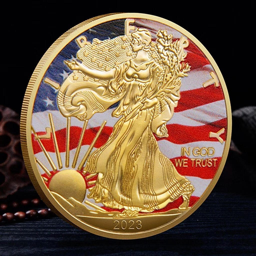 美国自由女神彩绘镀金币纪念章把玩创意金币硬币工艺外国纪念节庆