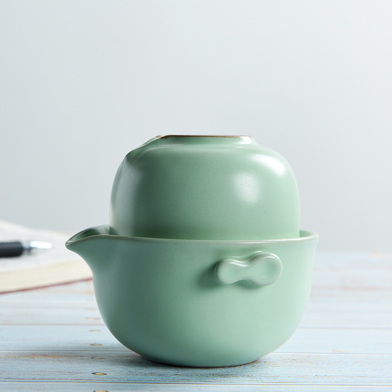 荼白汝窑快客杯一壶一杯陶瓷便携旅行茶具个人 汝窑快客杯-如意