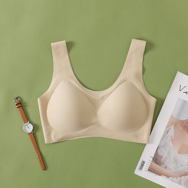 茹萱乐真丝一片式无痕文胸无钢圈光面款运动内衣大码睡眠大胸全罩杯