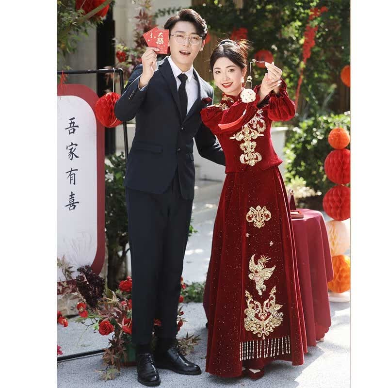 塞德勒敬酒服2023新款中式结婚礼服裙女订婚冬季秀禾服嫁衣红色旗袍长袖 酒红色 L (建议106-115斤)怎么样,好用不?