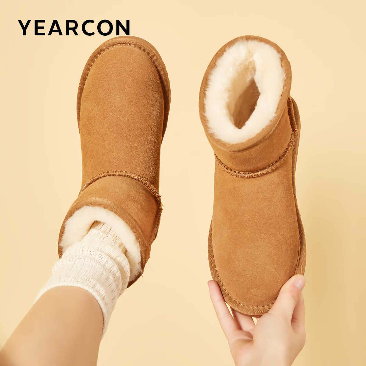 意尔康女靴雪地靴女冬季东北加绒加厚保暖棉鞋女短靴妈妈靴子女 土黄色 加绒 36