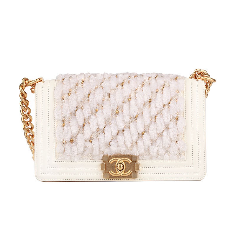 【二手95新】香奈儿 leboy白色毛呢金链中号单肩包斜挎包女包 尺寸25*