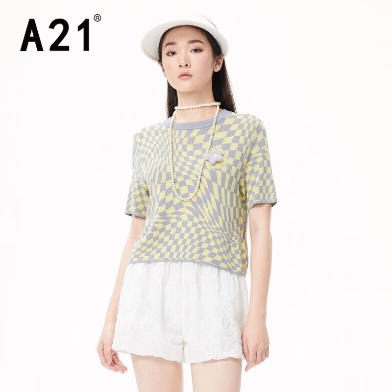 A21女装合体撞色圆领棋盘格短袖短装线衫优雅休闲风t恤 粉黄 S