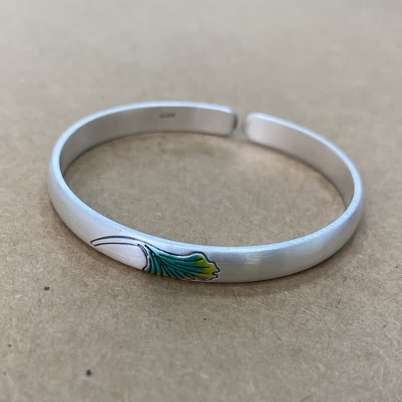 百氏银诚银杏树叶 小圈口999足银手镯女款开口弧面银镯子大人瘦女款