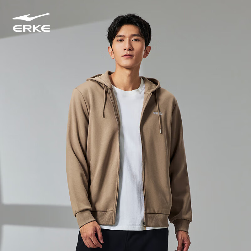 鸿星尔克卫衣外套男春季开衫连帽松紧下摆显瘦长袖上衣服纯色运动跑步服