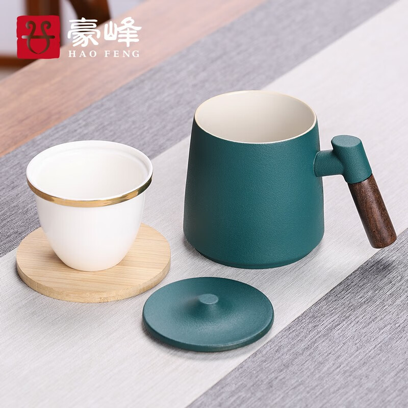 豪峰经典 木柄陶瓷泡茶杯带盖过滤茶杯茶水分离茶道杯杯子茶杯喝水杯马克杯简约家用创意个性潮流茶道杯   【绿】【创想个人杯】【礼盒装】