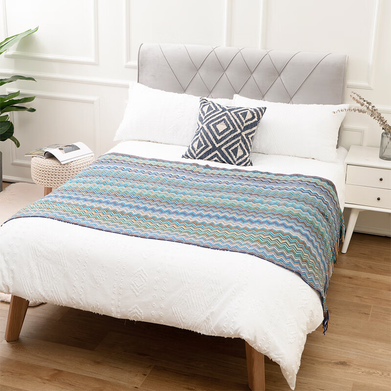 BATTILO美式沙发毯盖毯波西米亚毯民族风夏毯披肩毯空调毯床尾搭巾针织毯 深蓝色 127x170cm【含流苏】