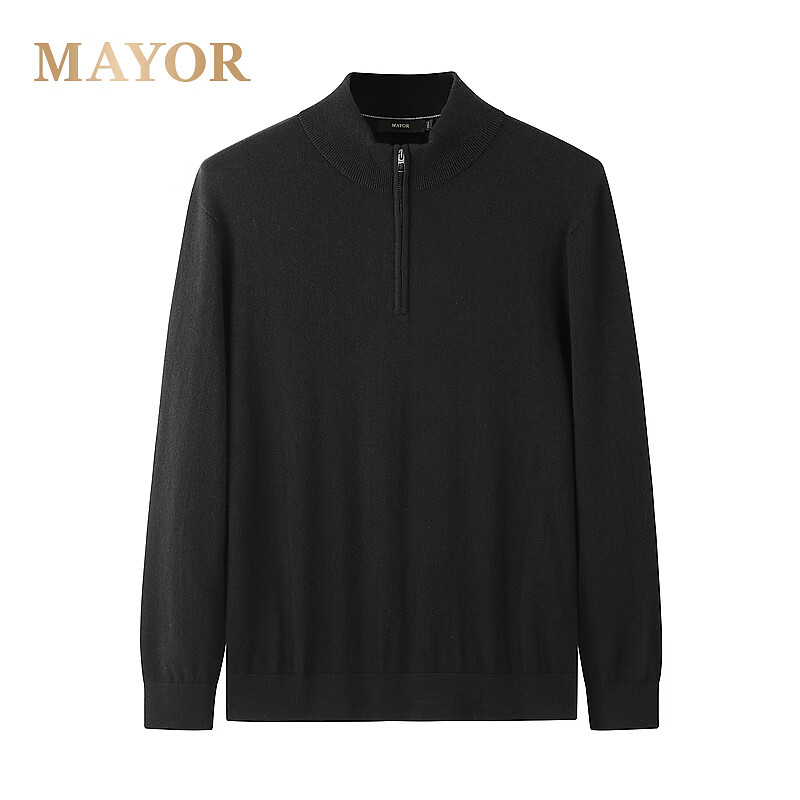 MAYOR男装 全羊绒面料简洁经典半高领拉链黑色羊绒衫 黑色 L （105）