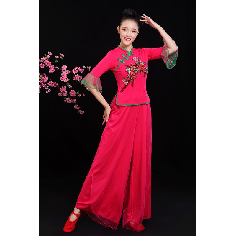 广场舞服装2021新款套装中老年秧歌服女扇子舞手娟舞演出服短袖夏 玫