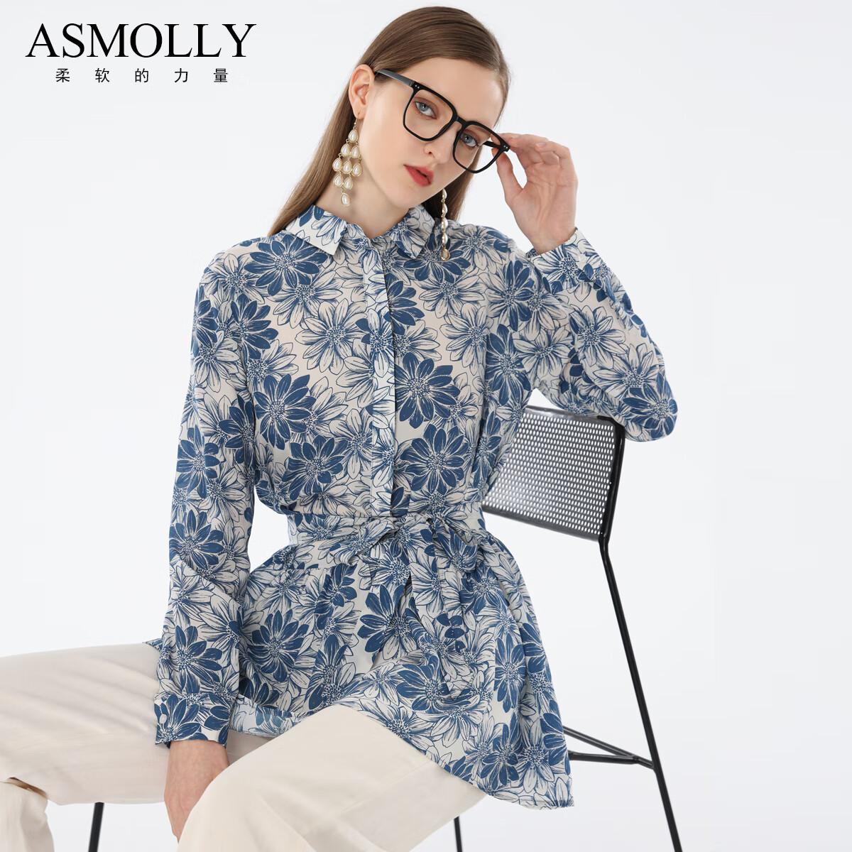 Asmolly气质女装100%桑蚕丝上衣2025春夏新款长袖真丝衬衫系带修身衬衣 优雅印花 XL