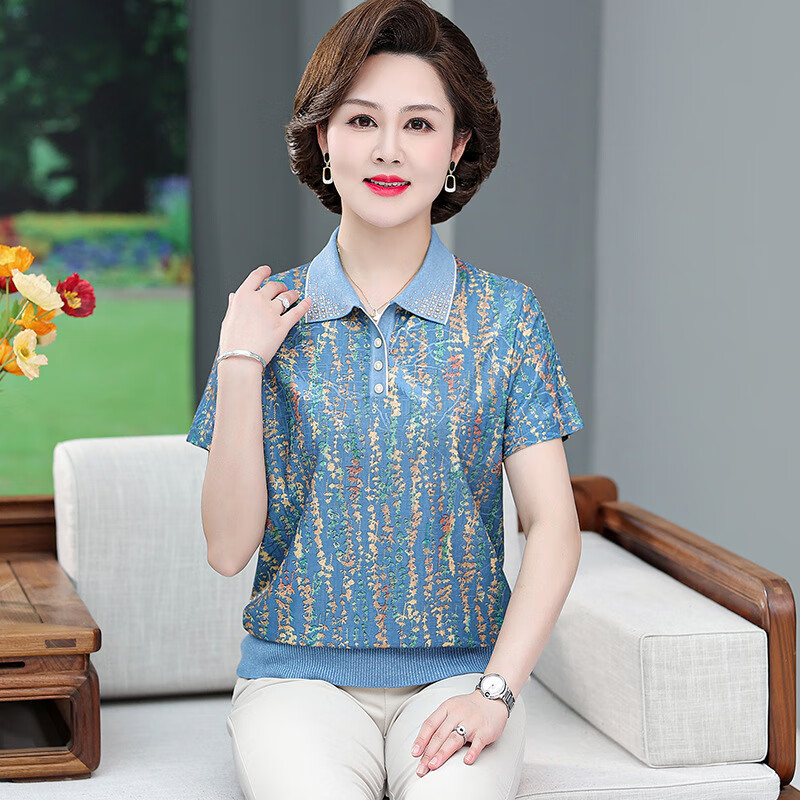 艾诗甜夏天妈妈短袖装t恤夏季上衣中老年女洋气小衫春夏季穿的衣服 蓝