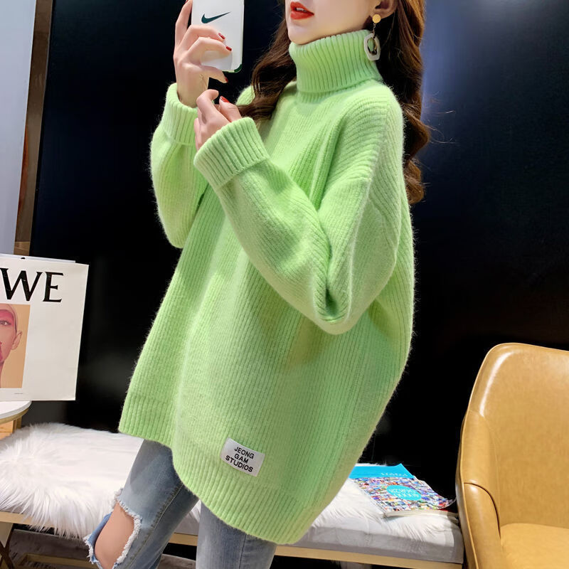 毛衣加绒加厚女洋气高领外穿2024年秋冬新款宽松慵懒风针织衫 浅绿色