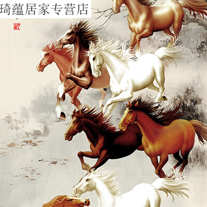 乔朝朗万马奔腾墙画八骏图挂画玄关装饰画竖版过道马到成功客厅油画 m