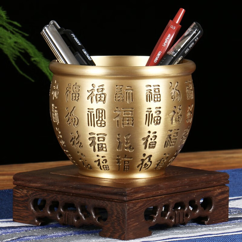 王朝记忆纯黄铜笔筒摆件办公室桌面书房创意笔筒收纳用