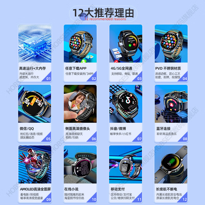 Hobsest【轻薄款】5G智能电话手表插卡wifi上网QQ微信视频通话成人青少年初高中学生专用心率运动手表男女 银色升级版64版