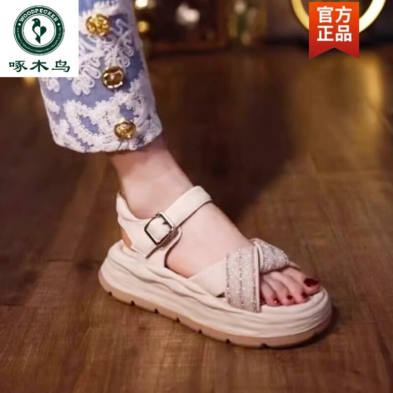 凉鞋女2024夏新款百搭水钻罗马沙滩鞋 米白色 35【品牌旗舰正品断码特