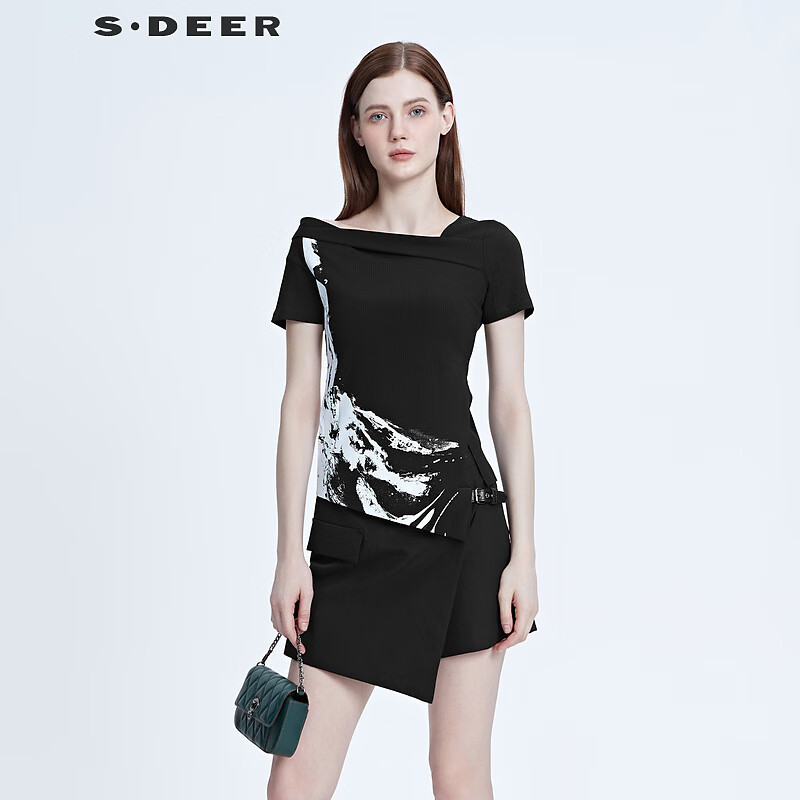 S.DEER圣迪奥女装不规则水墨针织T恤S20280146 黑色/91 S/160怎么样,好用不?