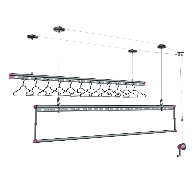 好太太晾衣架手摇升降阳台三杆手动晾衣杆家用室内晒被子家用晾衣架 D-1084【深空灰&魅紫红】+12个衣架2 晾杆+上门安装+质保三年
