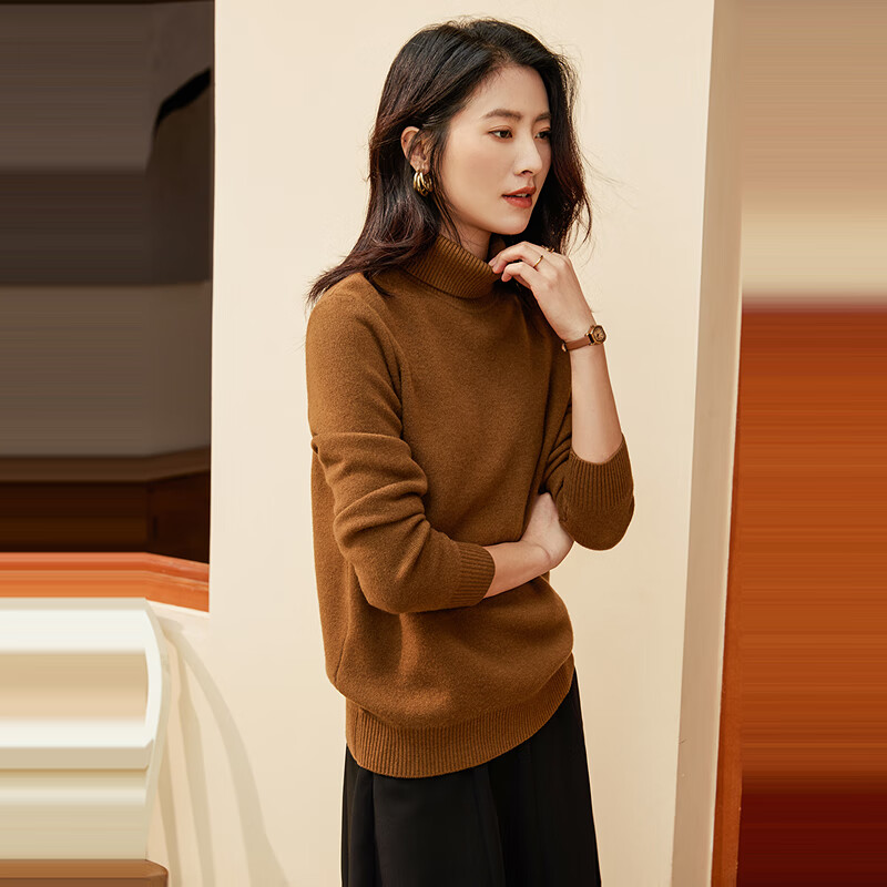 恒源祥厚款保暖纯羊毛衫女装秋冬新款半高领套头毛衣女装纯色打底针织衫 烟栗棕 (高领) L /170/92A