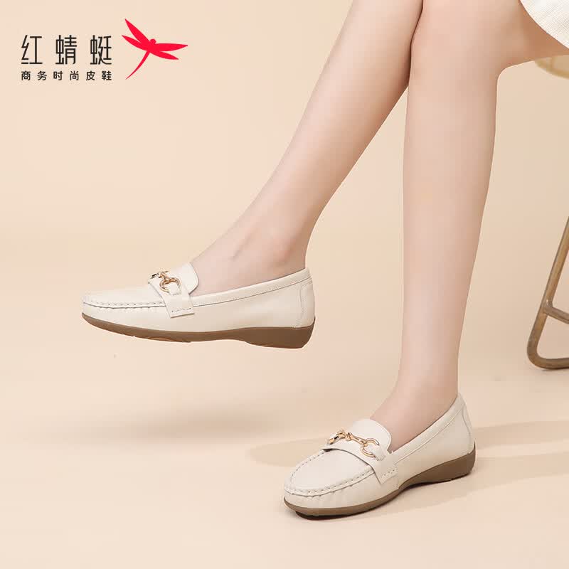 红蜻蜓女鞋豆豆鞋真皮头层牛皮乐福鞋秋季新款软底软面一脚蹬单鞋妈妈