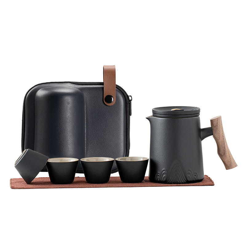 午间 旅行茶具一壶四杯户外便携功夫茶具小套装快客杯简易陶瓷泡茶杯 舟山旅行茶具-磨砂黑