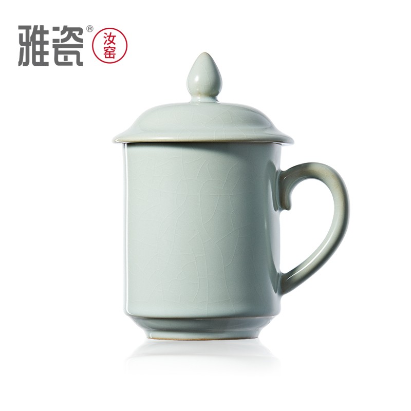 雅瓷【端午礼品】汝窑茶杯陶瓷带盖办公杯男士大号容量泡茶杯会议杯 汝窑会议杯