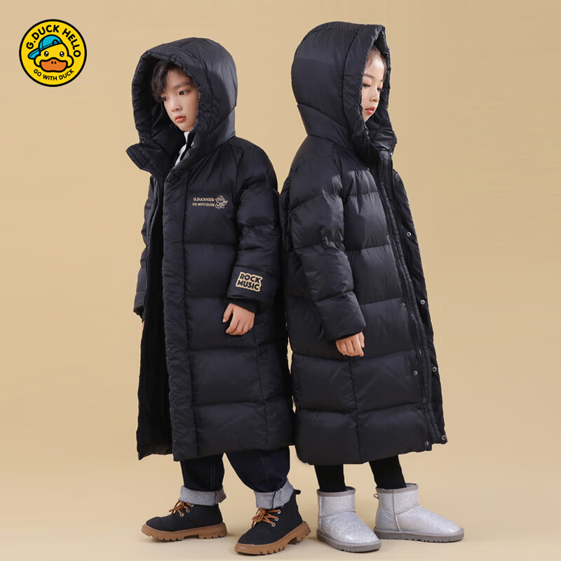 哈罗小黄鸭HAL.DUCK儿童黑金长款羽绒服男童女童过膝东北极寒亲子中大童超厚羽绒服新 黑色 120 码(建议身高110-120cm)