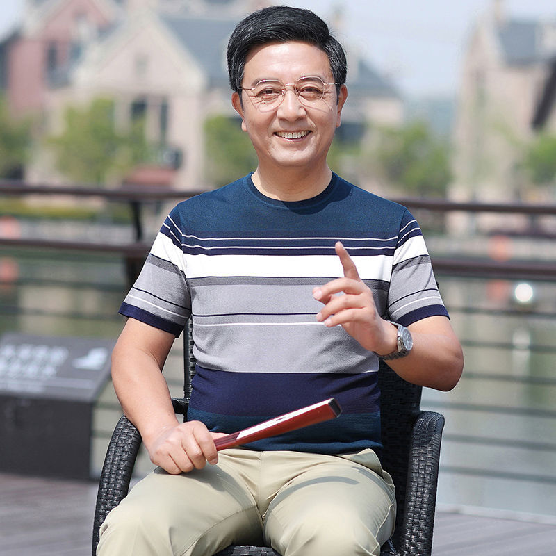 老人老头圆领汗衫超大码t恤爸爸装夏装冰丝短袖t恤中老年男士圆领上衣