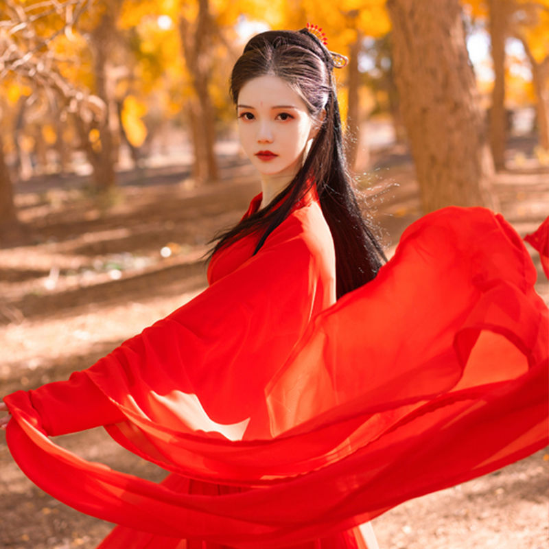 纤晟伊汉服女学生齐腰大袖红色古装交领仙日常女侠表演舞台服 红色 s