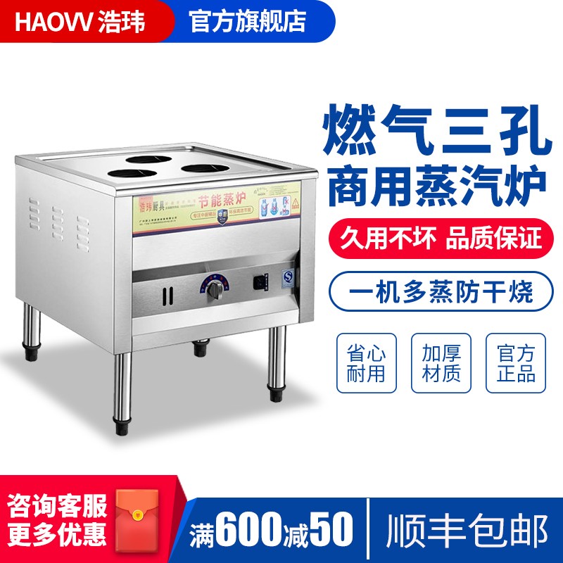 浩.玮商用煤气蒸包炉 节能天燃气蒸炉 电蒸包子机 无风机肠粉馒头蒸汽炉 竹蒸笼 蒸包子机 蒸馒头锅 液化气圆管(三孔)气电并用