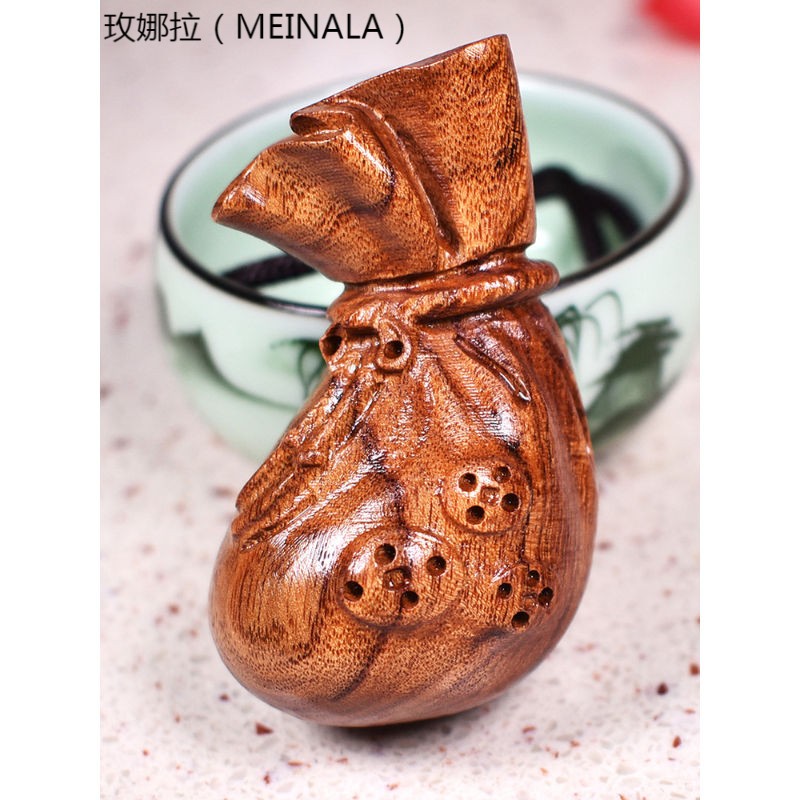 meinala 黄花梨木代代有钱袋子 福袋雕刻手把件 车小挂件 摆件 装饰o