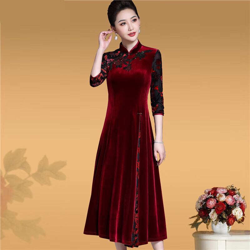 装高档礼服冬季秋季参加结婚宴婚中年喜婆婆旗袍高档金 酒红色款式一