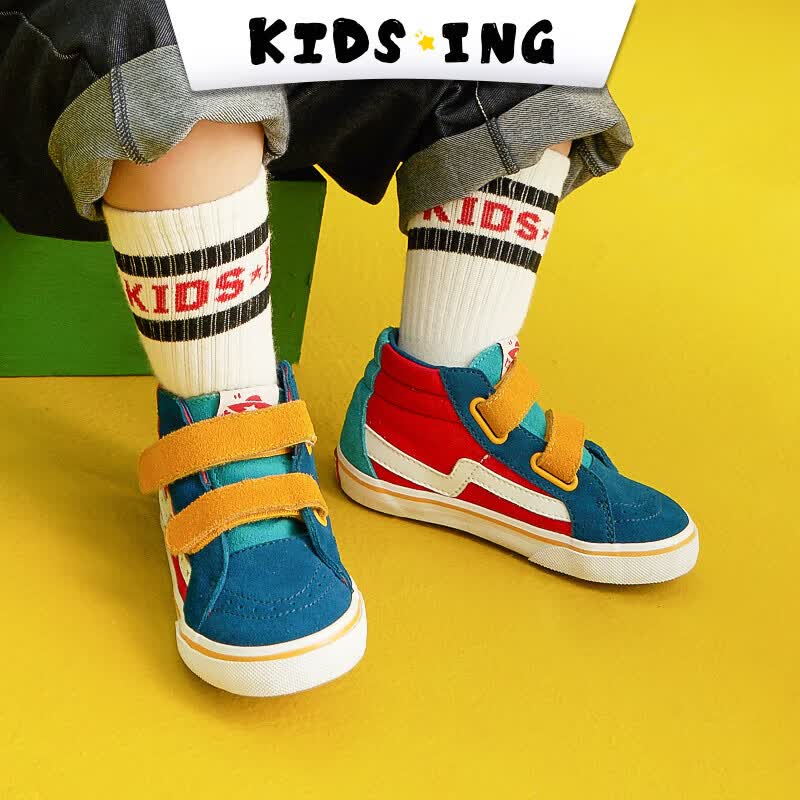kids.ing【出游季】儿童高帮板鞋加绒潮牌童鞋秋冬男童女童小童宝宝撞色鞋 蓝橙红拼色(网布款) 9码/27码 适合脚长16.1-16.8cm怎么看?