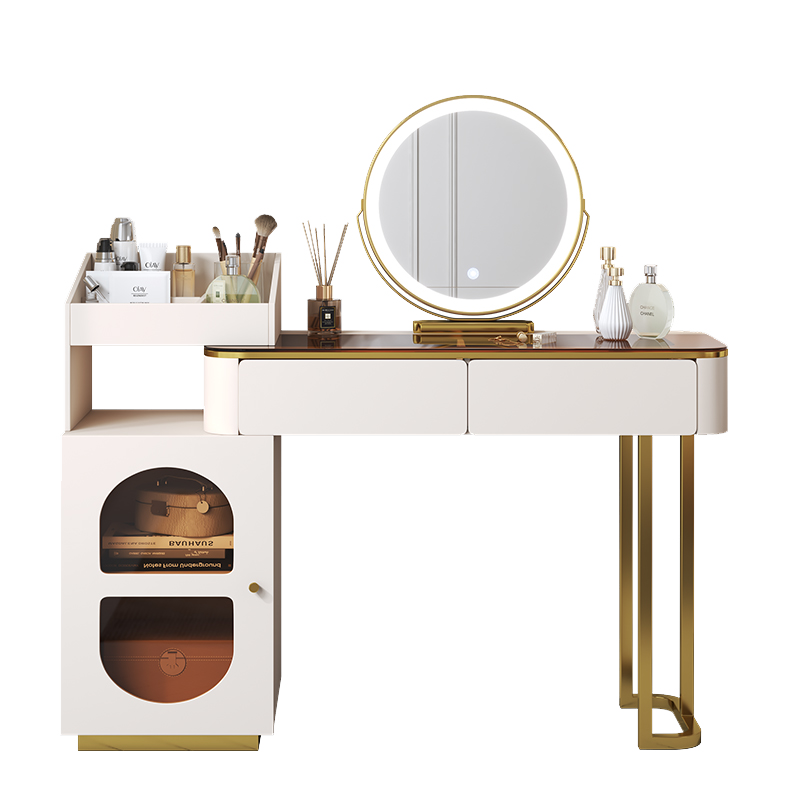 家优梦 轻奢梳妆台卧室现代网红ins化妆台带灯北欧化妆桌高级感一体 100白金桌+柜+智能镜+鸟巢凳 整装
