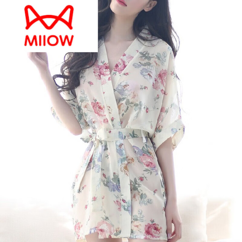 貓人（MiiOW）高端冰絲睡衣女夏季中老年媽媽薄款睡裙居家服女士奢華冰感睡袍女 A001米黃色 均碼