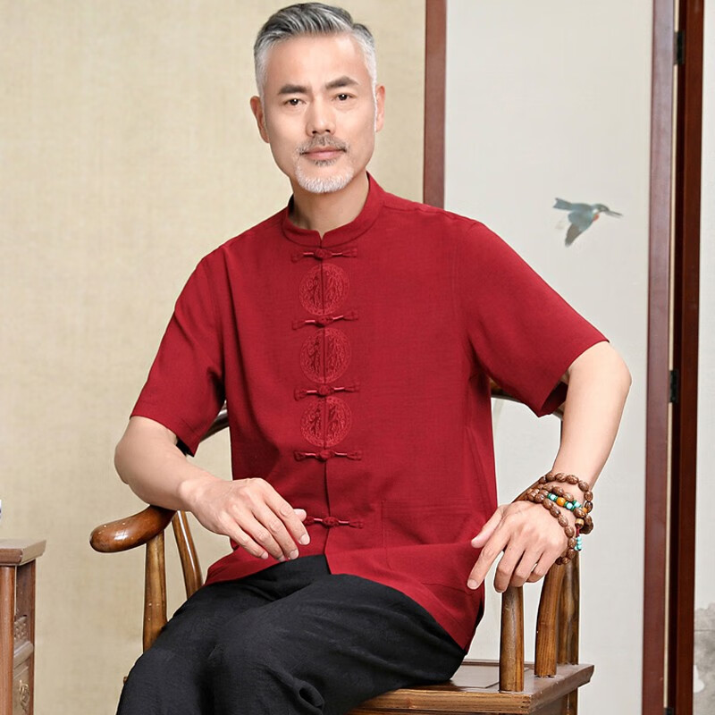 爸爸装中老年人棉麻唐装套装复古中国风东方韵味三个福汉字刺绣盘扣带