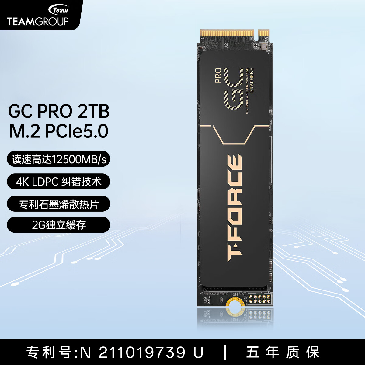 十铨科技GC Pro SSD固态硬盘2TB M.2 NVMe PCIe5.0 2280 读速12500MB/s 石墨烯散热片 2G独立缓存 锁定主控 【TLC】2TB PCIe5.0 石墨烯散热片