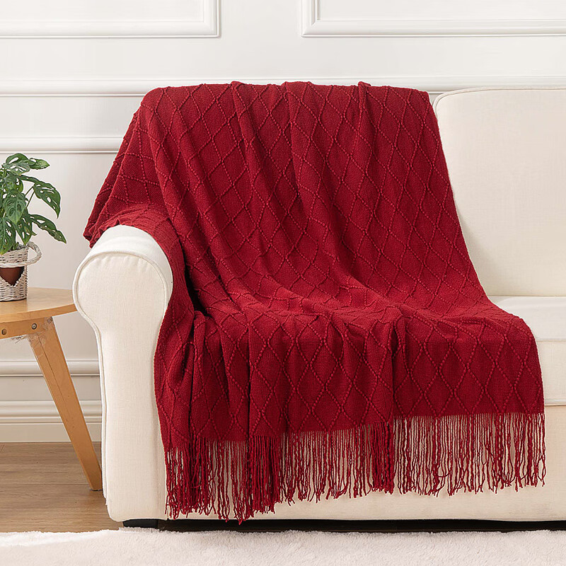 OLIVER TEXTILES北欧沙发毯办公室披肩盖毯小毛毯纯色针织毯客厅装饰毯床尾巾搭毯 枣红色 127x170cm（含流苏）
