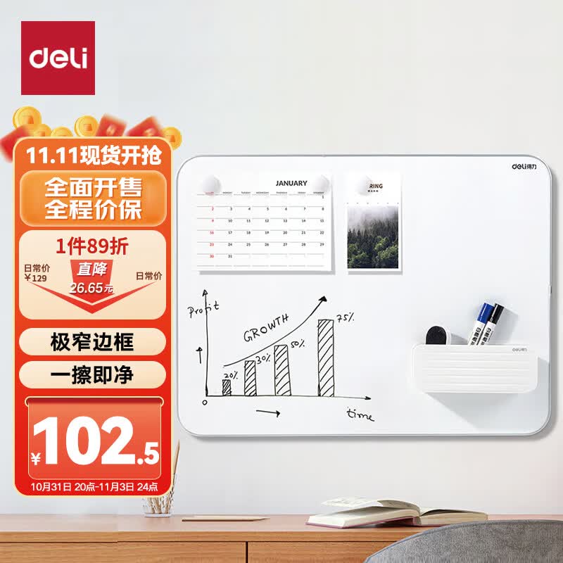 得力(deli)挂式白板 窄边框系列90*60cm易擦磁性办公教学会议悬挂式白板家用儿童写字板黑板50026使用感如何?
