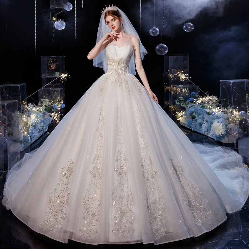 婚纱2022新款新娘 主婚纱轻纱齐地出门纱抹胸简约气质 大拖尾主纱 浅香槟齐地 S