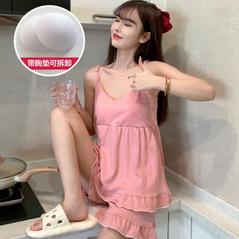 欲战吊带睡衣女带胸垫可拆卸夏季款棉绉布纯色套装韩版性感迷人家居服