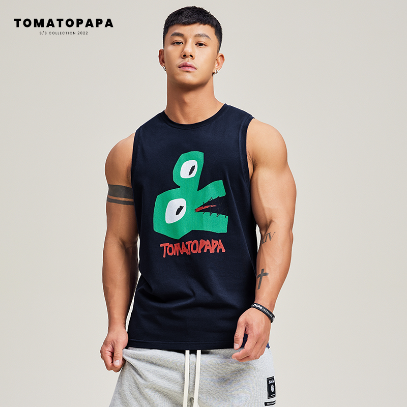 TOMATOPAPA原创夏季运动背心男夏季纯色百搭背心透气跑步运动无袖 深蓝色 XL